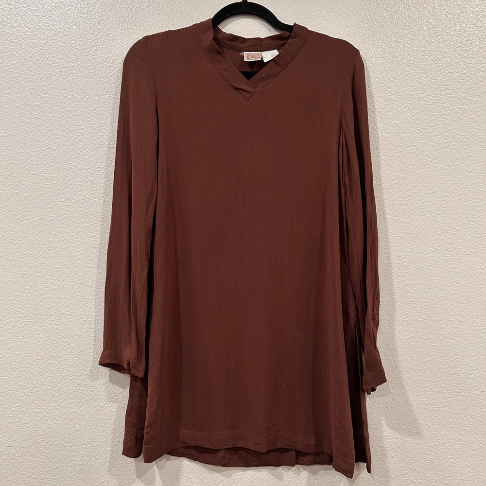 Oilily Brown Rayon V-Neck Long Sleeve Tunic High Side Slit Women's Size‎ XS
